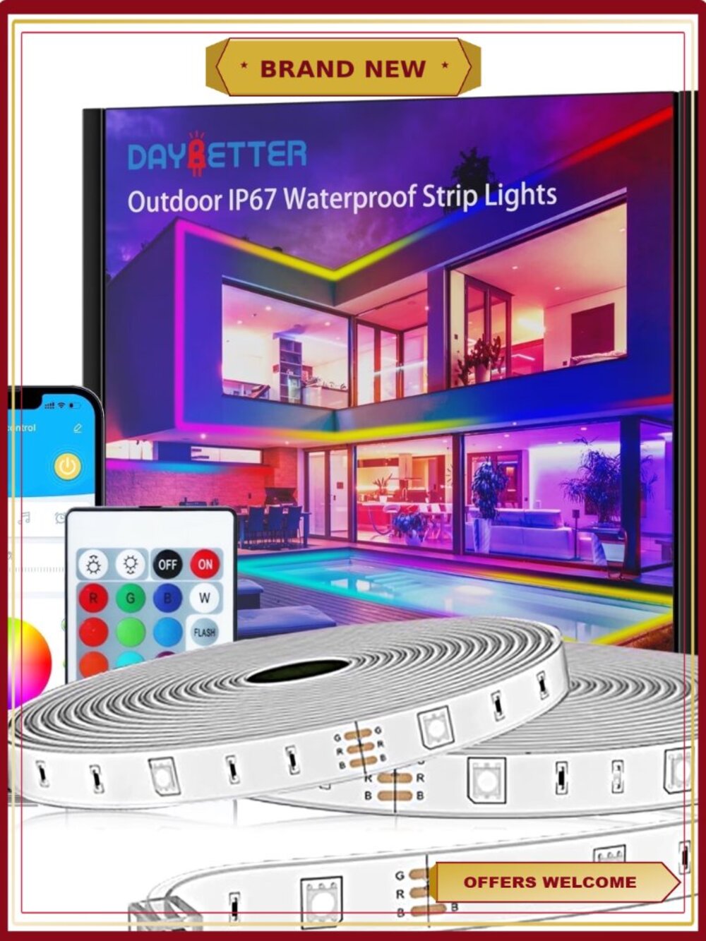 100ft Outdoor LED Strip Lights Waterproof IP67 RGB Music Sync Remote
